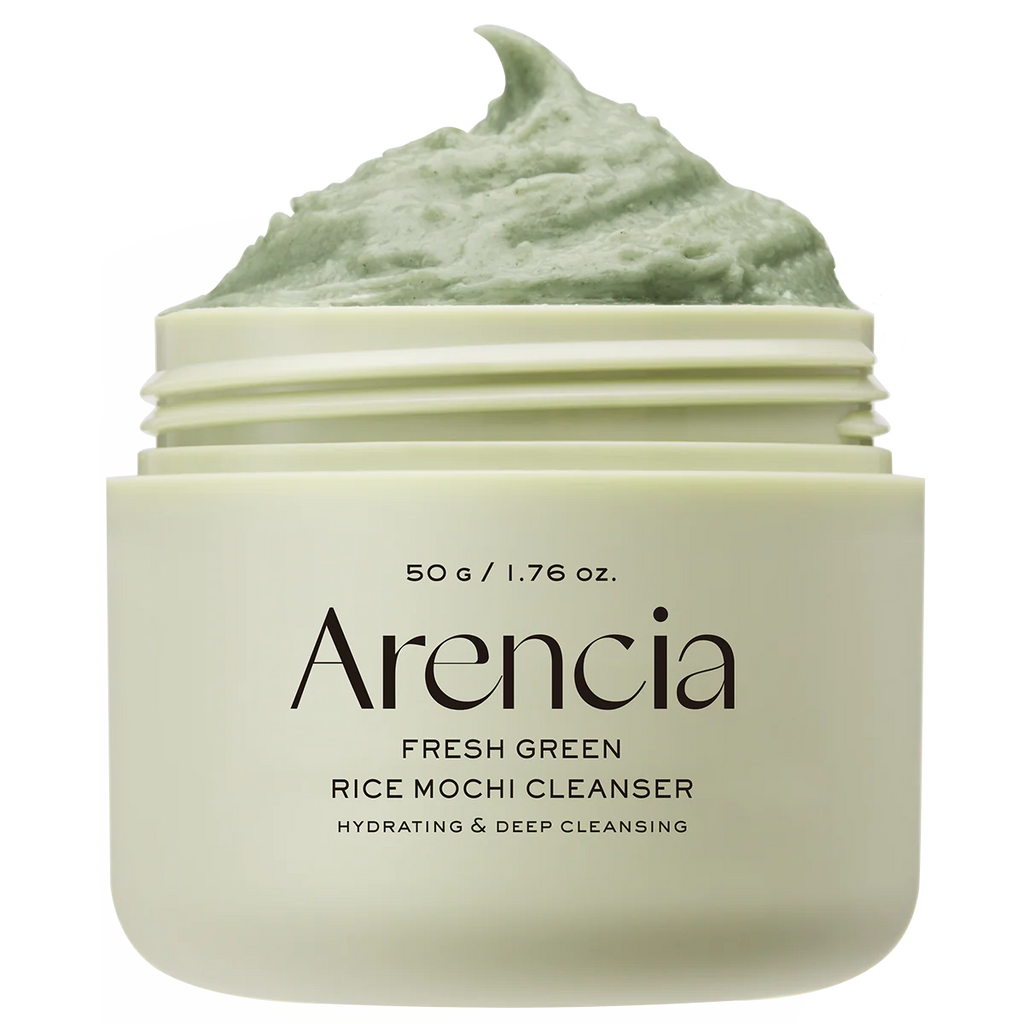 Arencia Fresh Green Rice Mochi Cleanser jar with green cream on a white background