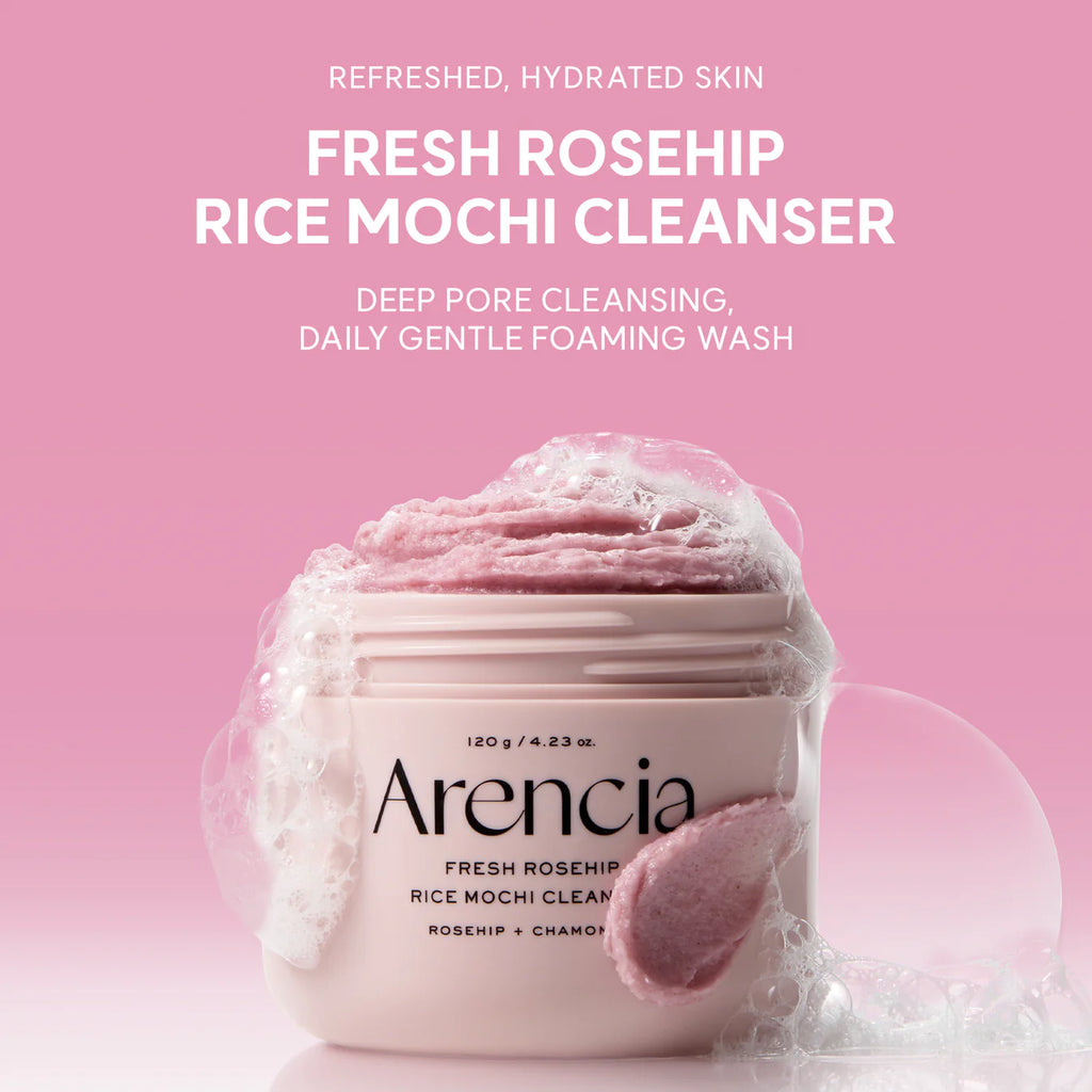 Arenicia Fresh Rosehip Rice Mochi Cleanser with pink background and product text.