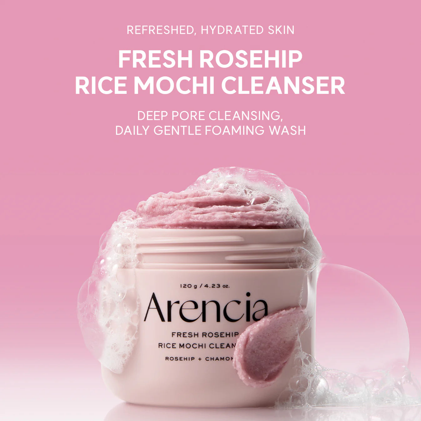 Arenicia Fresh Rosehip Rice Mochi Cleanser with pink background and product text.