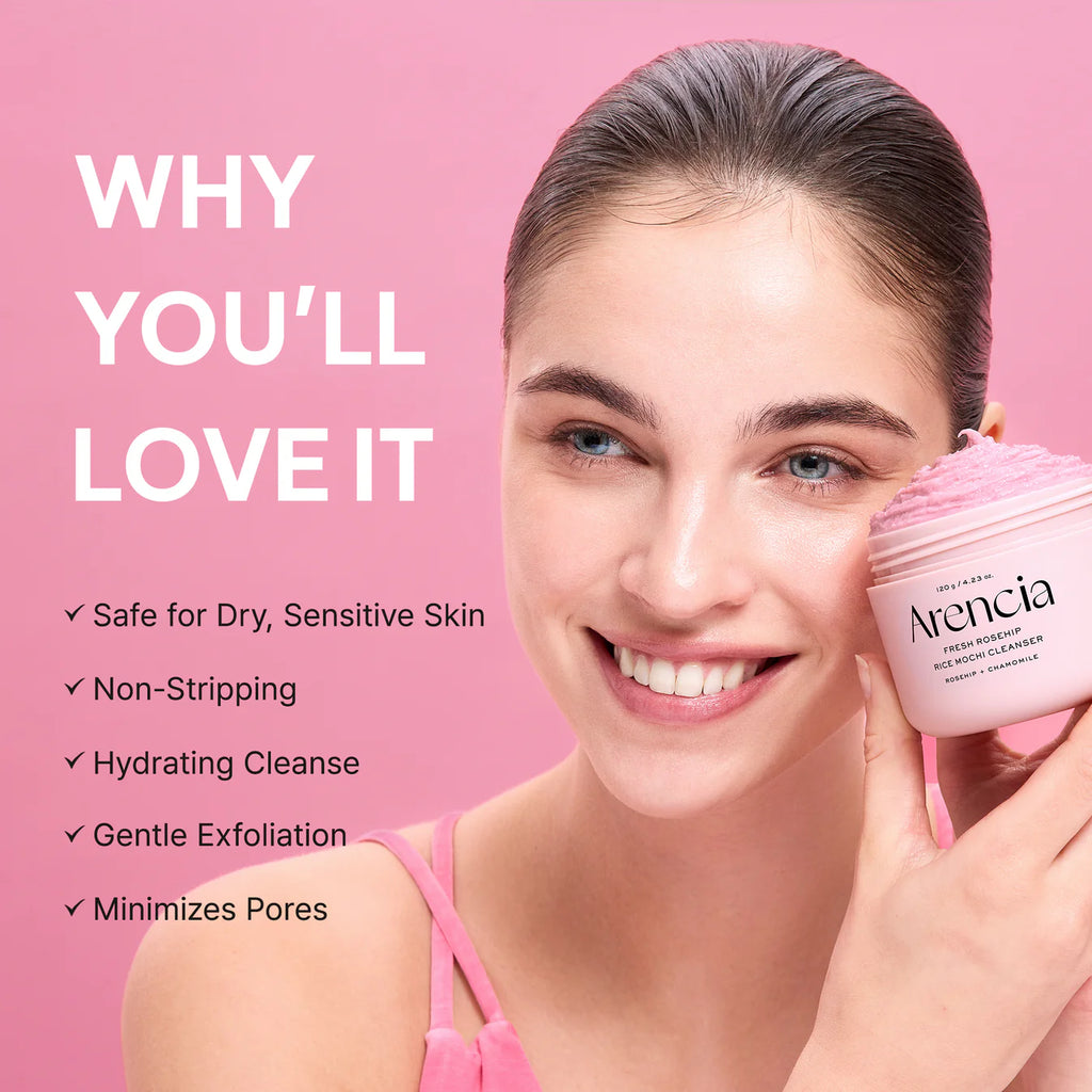 Woman holding a skincare product with text on a pink background