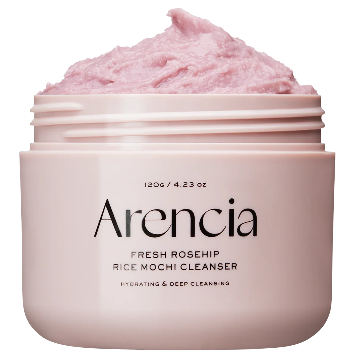 Pink jar of Arencia Fresh Rosehip Rice Mochi Cleanser with pink cream on a white background