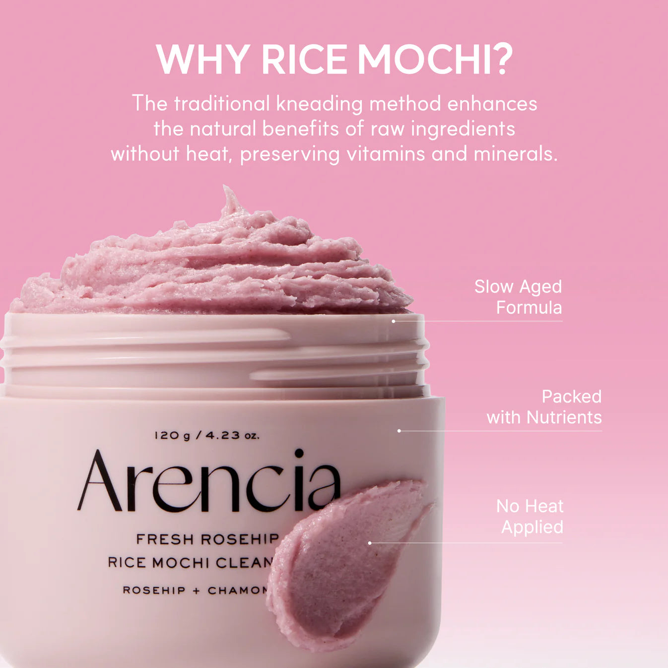 Jar of Arencia Fresh Rosehip Rice Mochi Cream with pink background and text about benefits