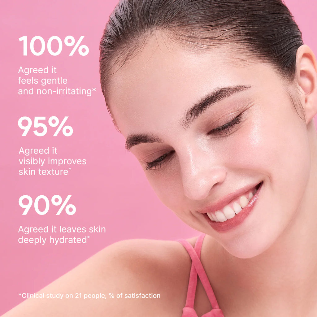 Woman with a happy expression on a pink background with skincare product text.