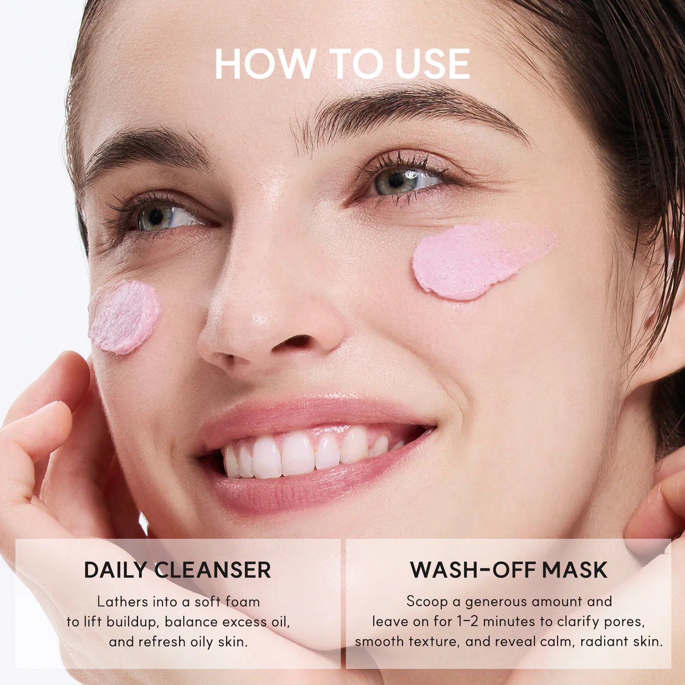 Woman applying pink face mask with text on daily cleanser and wash-off mask
