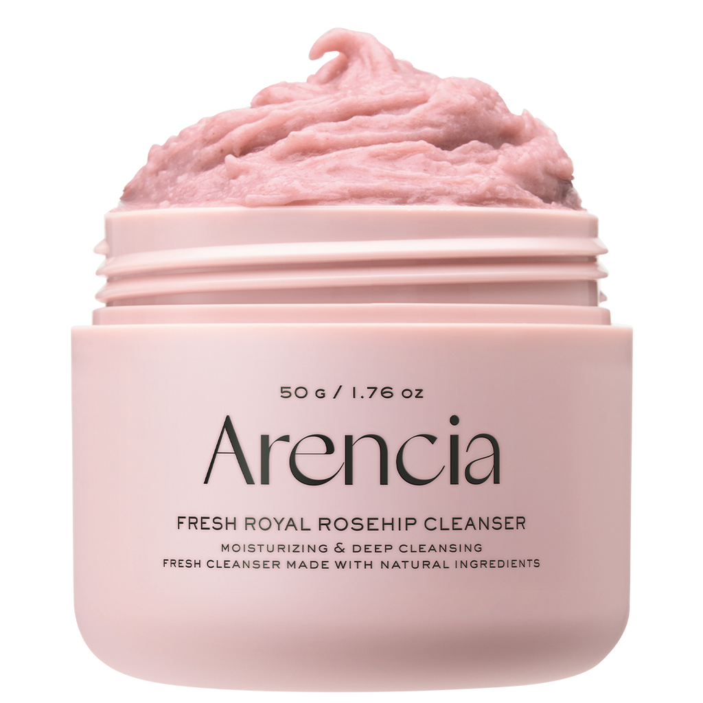 Pink jar of Arencia Fresh Royal Rosehip Cleanser with pink cream on a white background