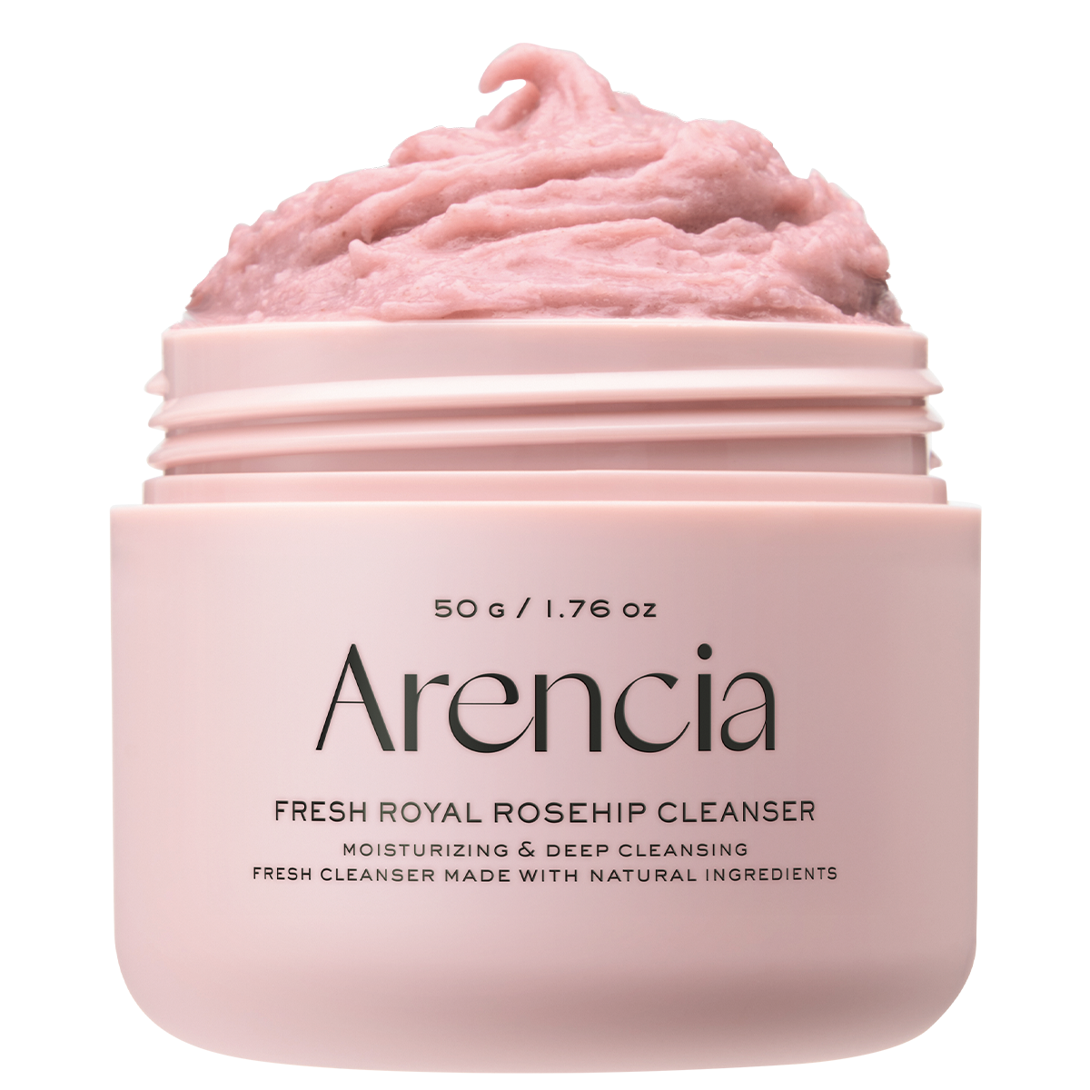 Pink jar of Arencia Fresh Royal Rosehip Cleanser with pink cream on a white background