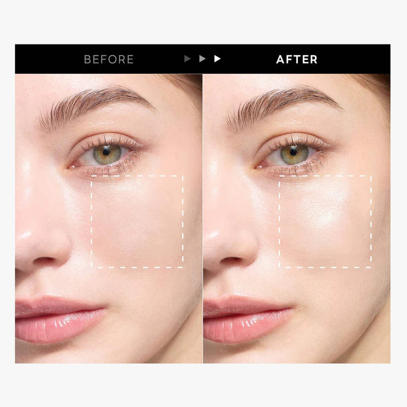 Before and after comparison of a woman's face with cosmetic effects applied.