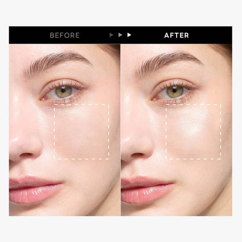 Before and after comparison of a woman's face with cosmetic effects applied.