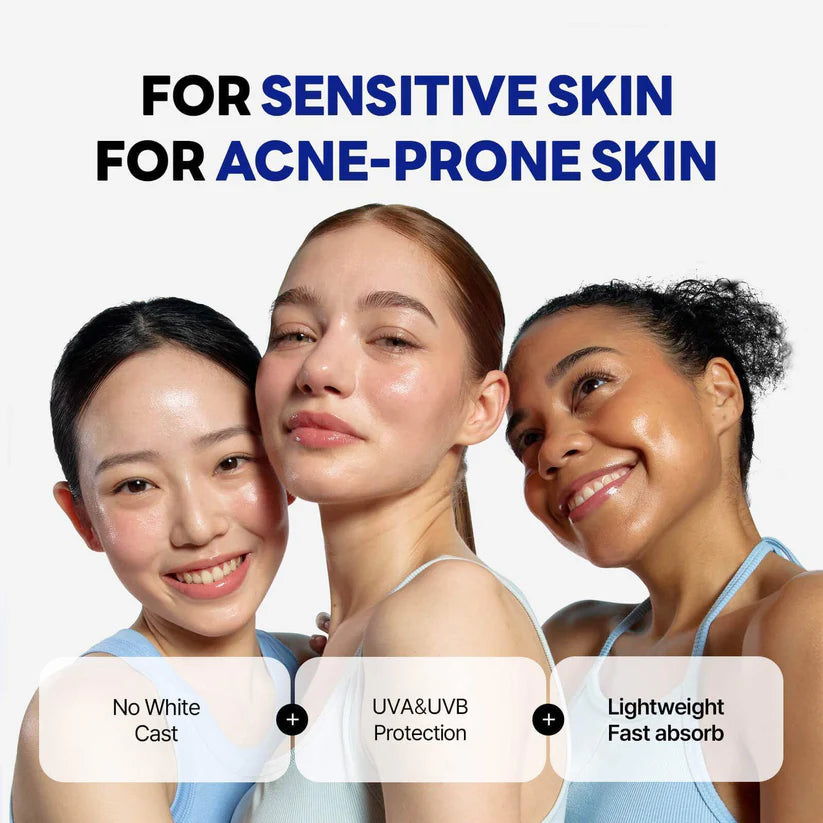 Three women with clear skin, promoting skincare products for sensitive and acne-prone skin.