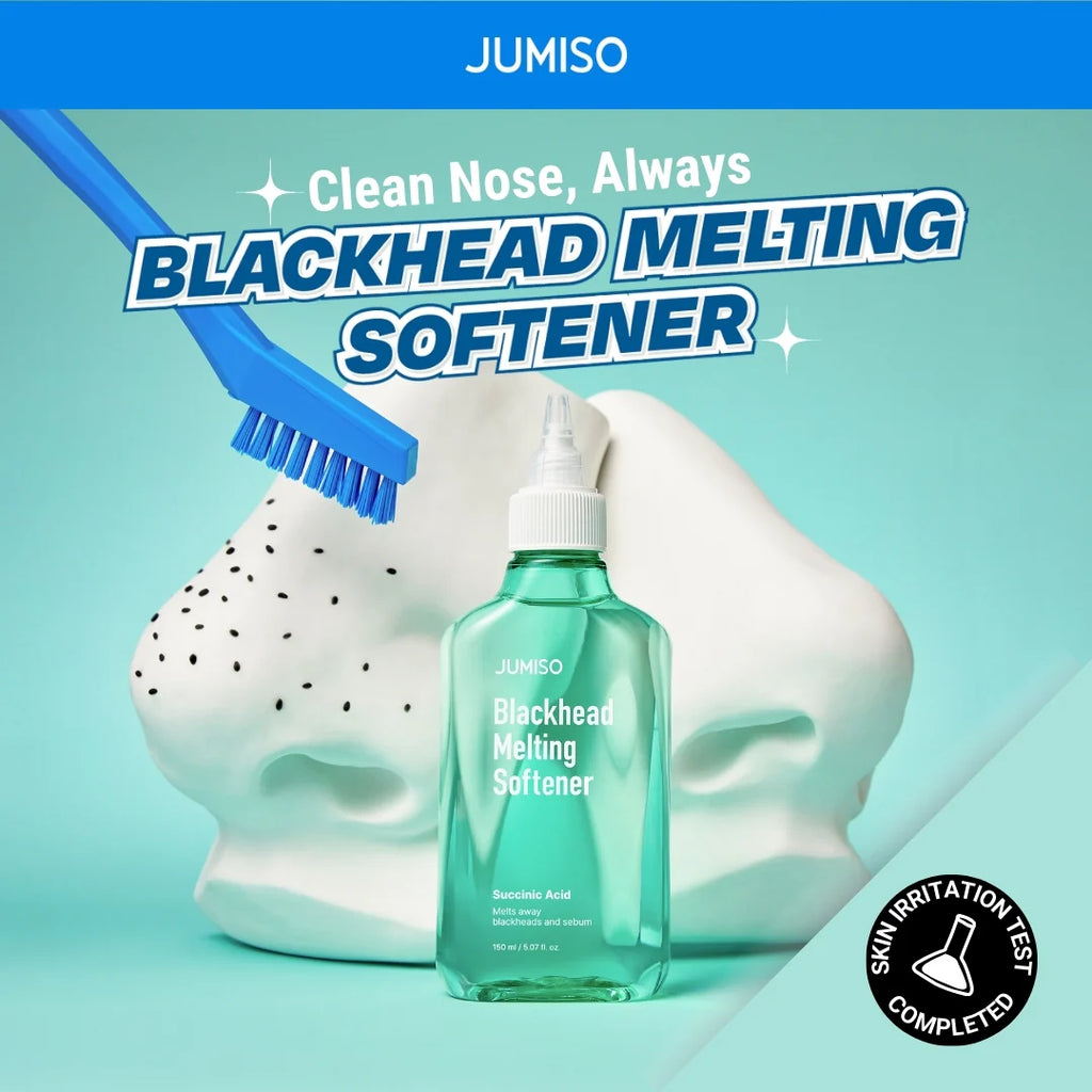 Jumiso blackhead melting softener with a brush and face model on a light blue background