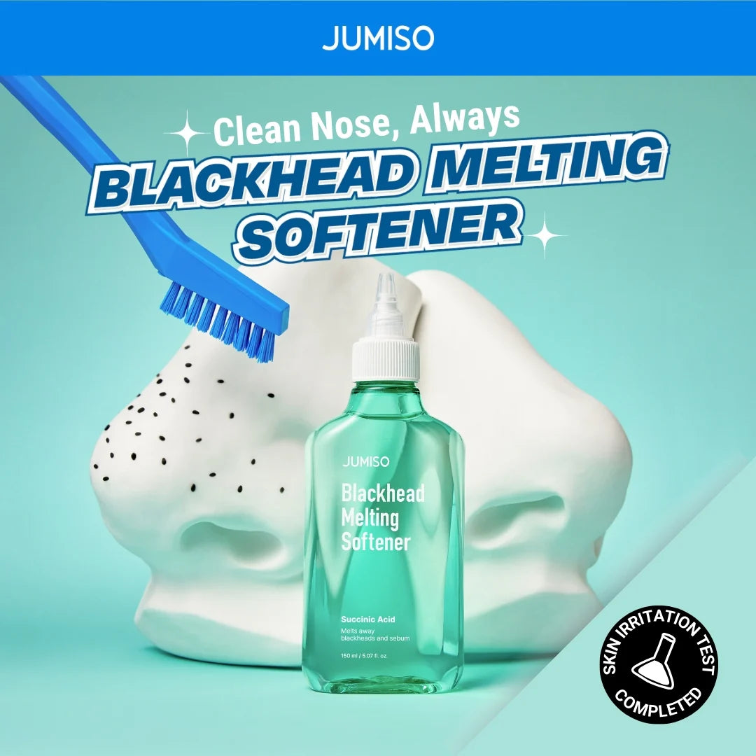 Jumiso blackhead melting softener with a brush and face model on a light blue background