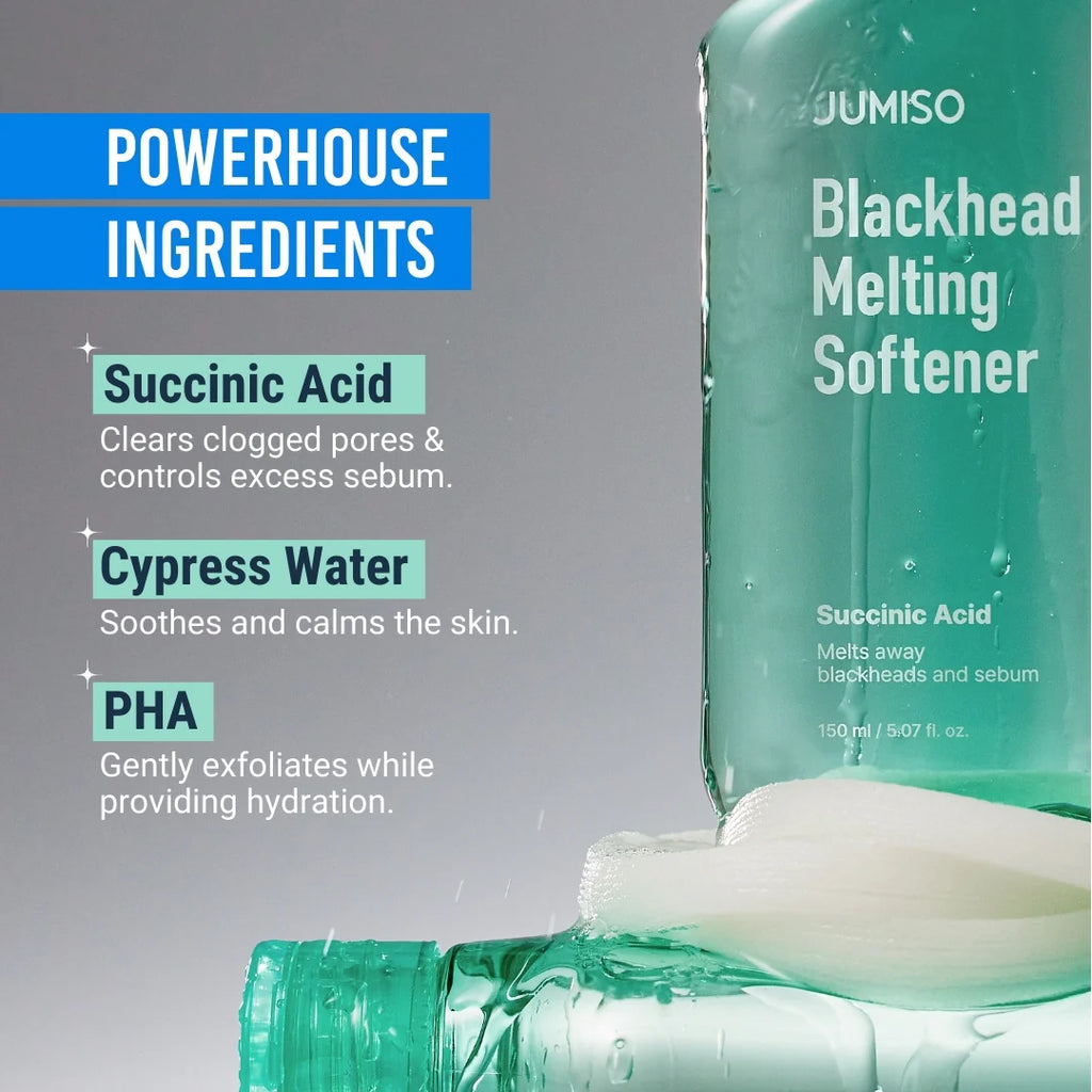 Jumiso Blackhead Melting Softener bottle with product details on a gray background