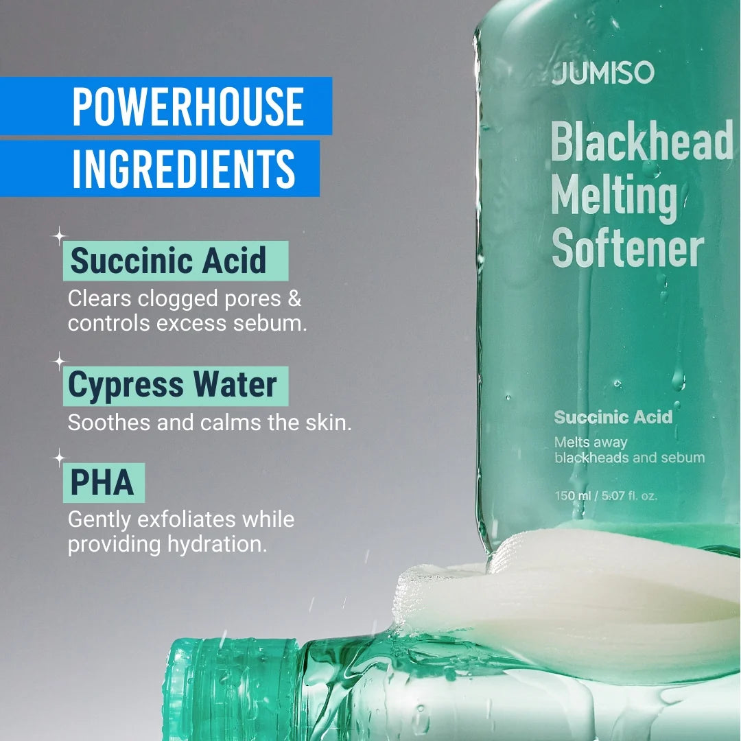 Jumiso Blackhead Melting Softener bottle with product details on a gray background