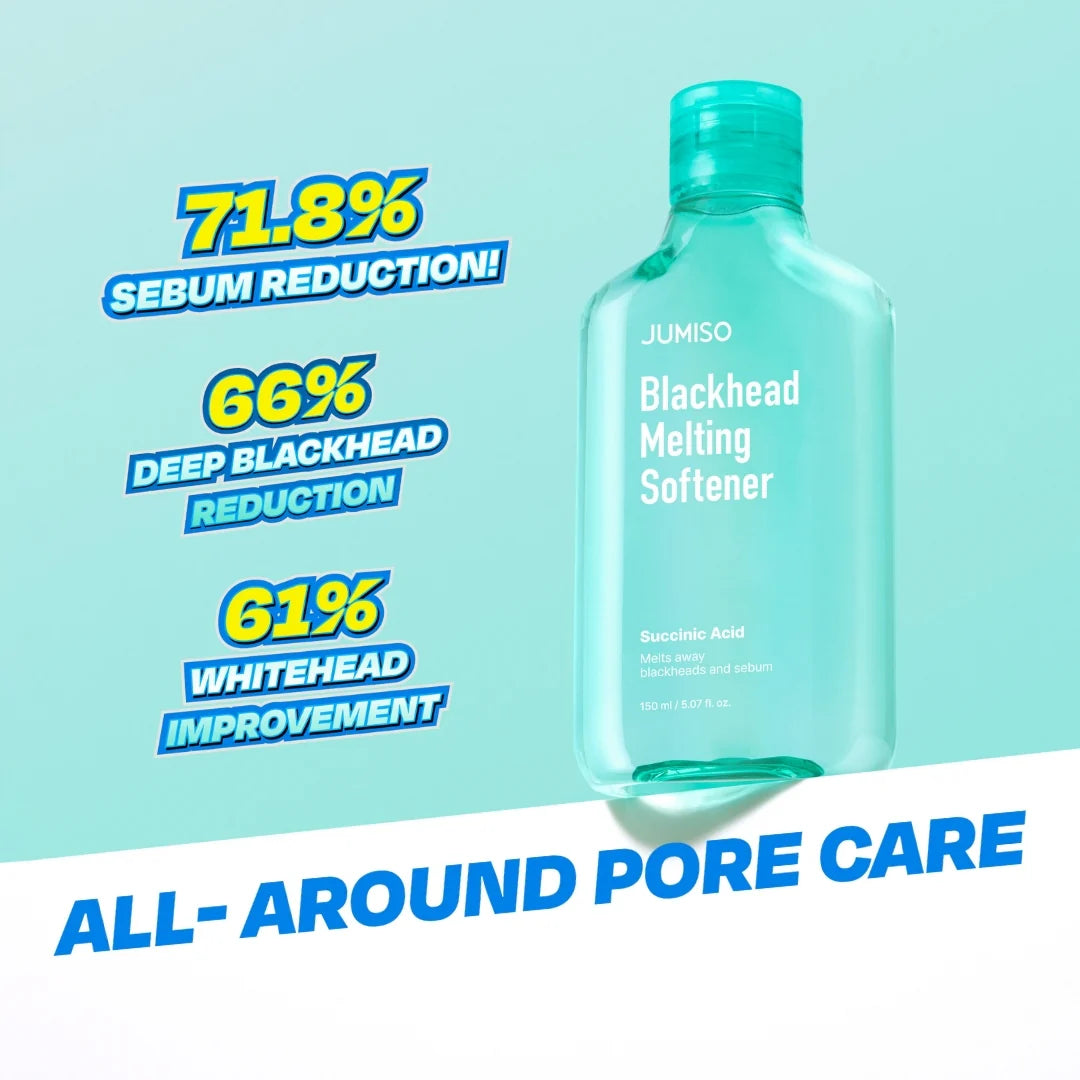 Jumiso Blackhead Melting Softener bottle with skincare improvement percentages on a light blue background