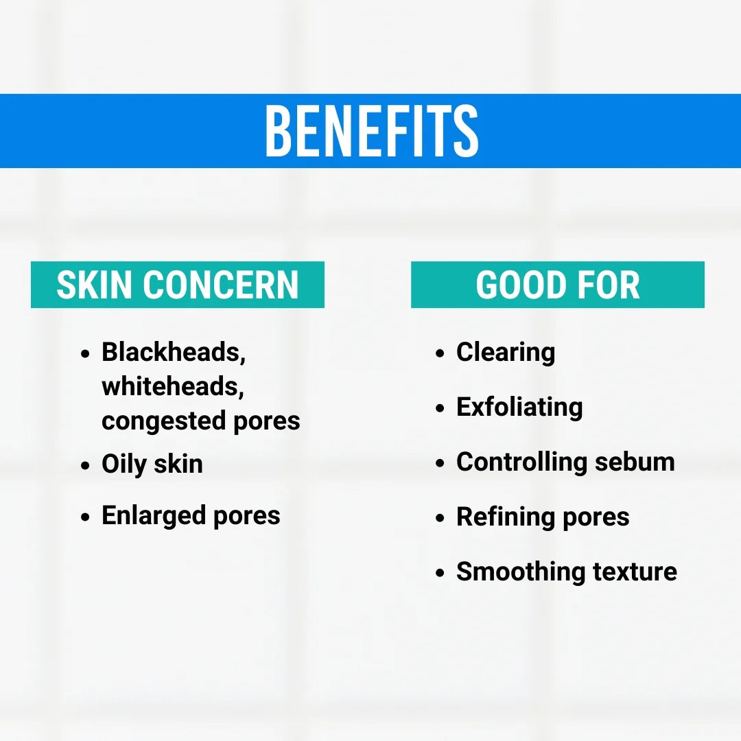 List of skin concerns and benefits on a white background with blue and green text boxes.