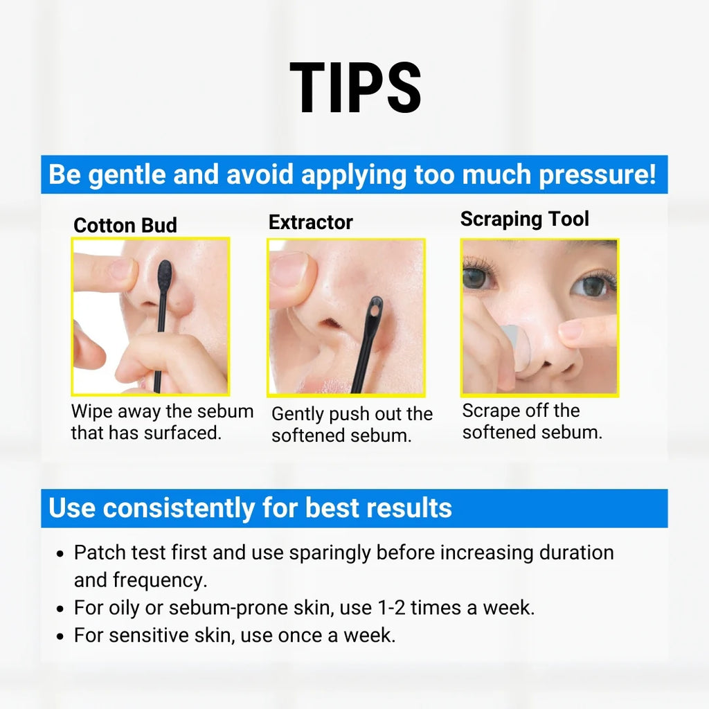 Instructions on using a cotton bud, extractor, and scraping tool for skincare with text on a white background.