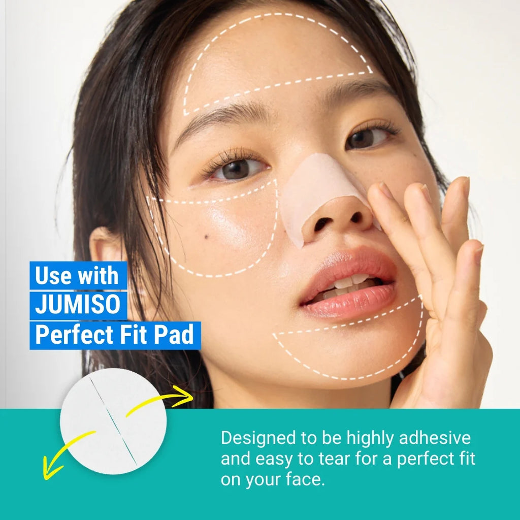 Woman using JUMISO Perfect Fit Pad with text on a white background