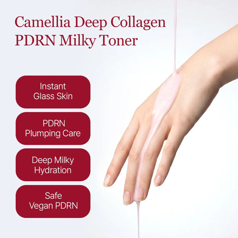 Camellia Deep Collagen PDRN Milky Toner with hand demonstration and product benefits on a white background.