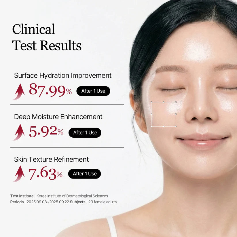 Woman with clinical test results for skincare product on a white background