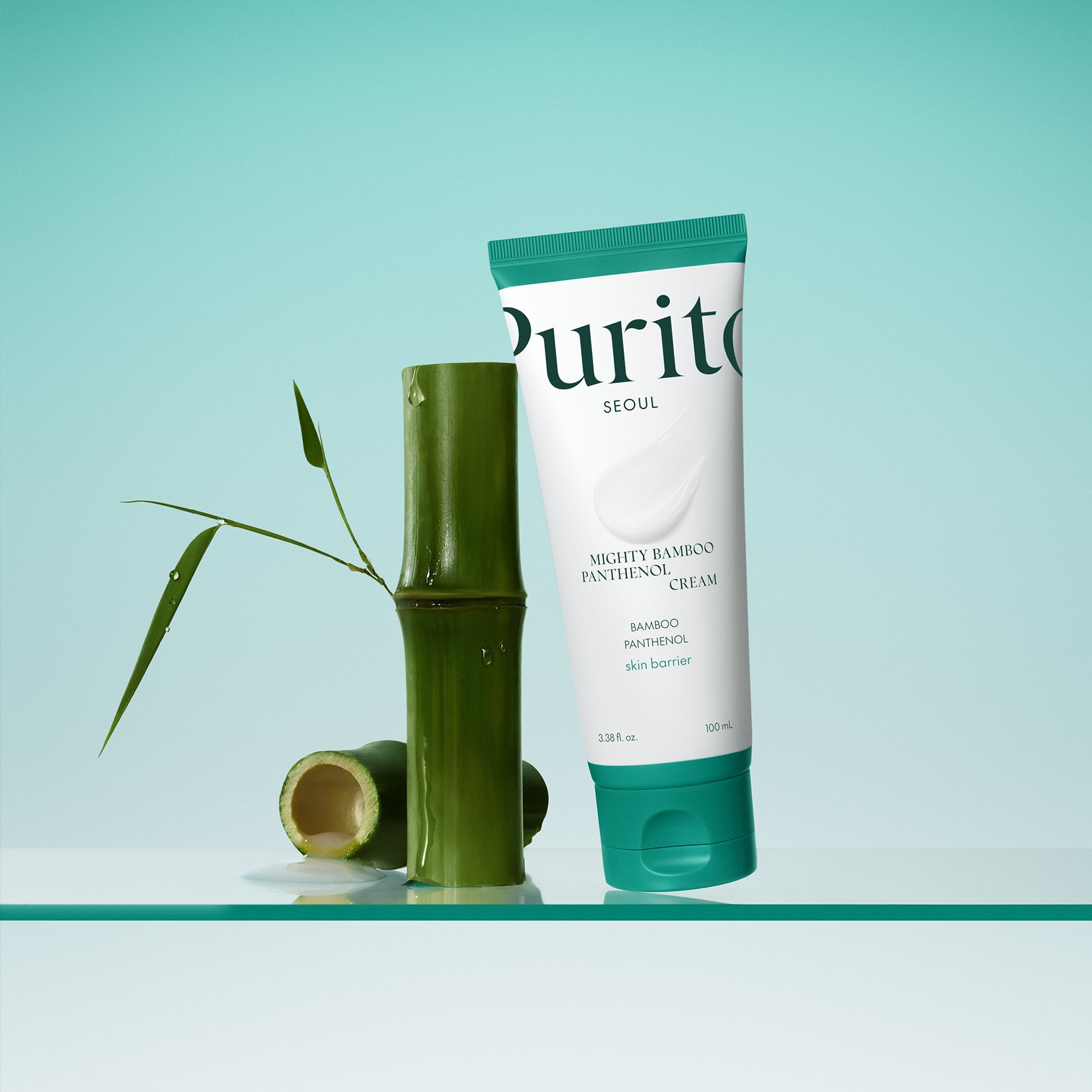 Purito skincare product with bamboo elements on a light blue background