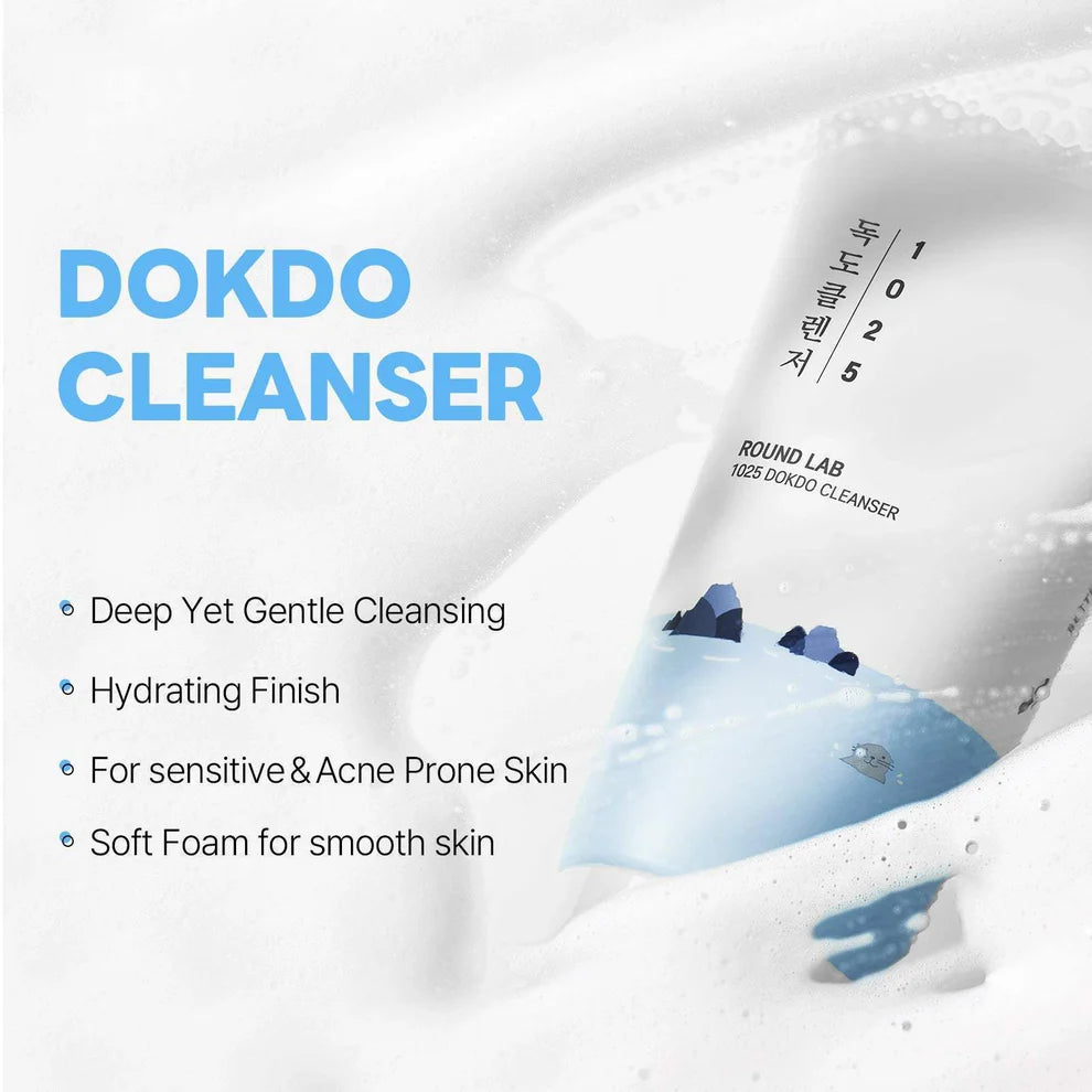 DOKDO CLEANSER packaging with text highlighting features on a white background