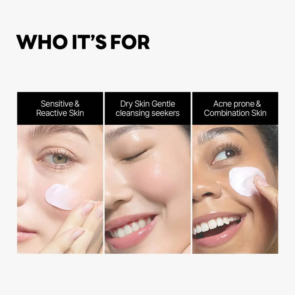 Product advertisement showing different skin types using a skincare product.