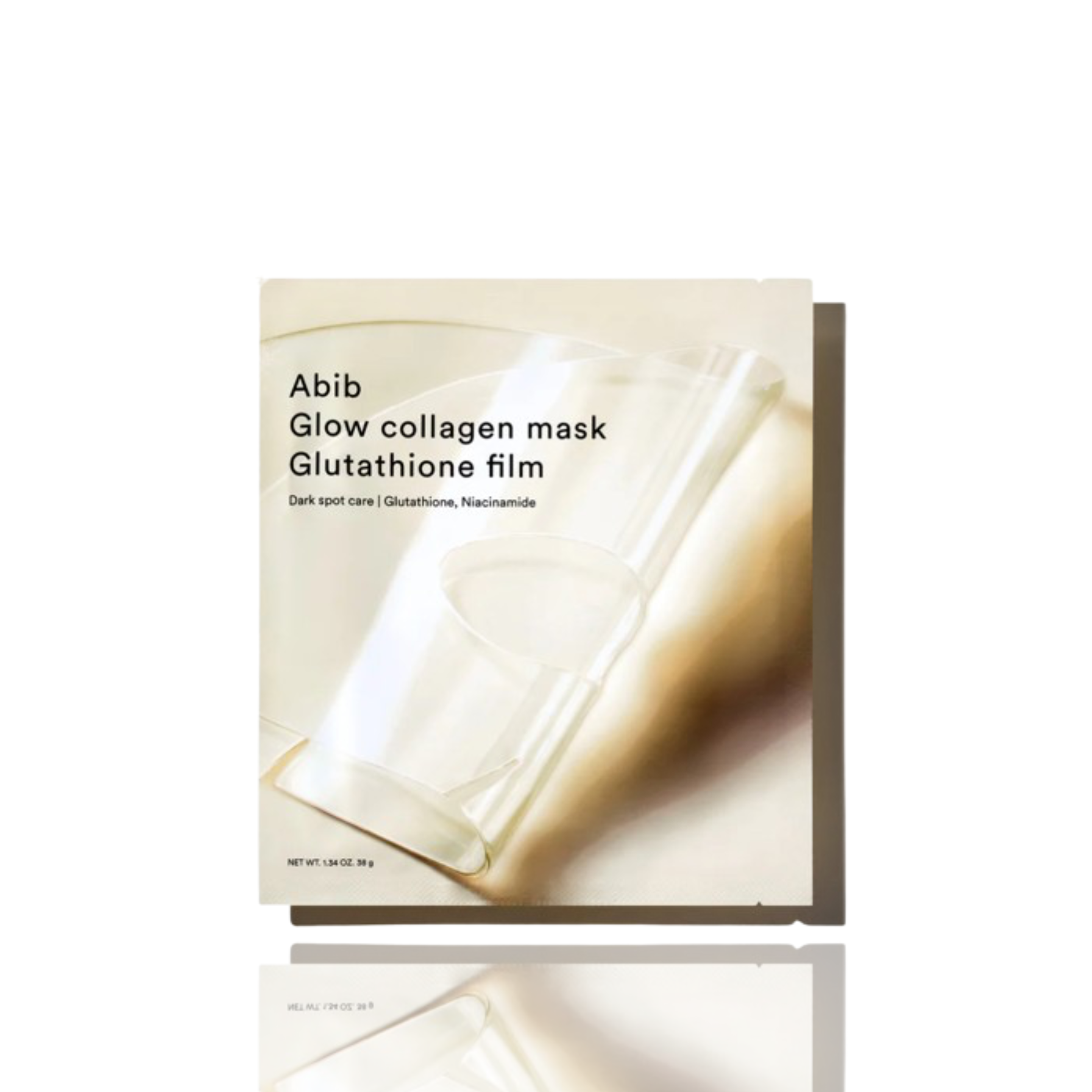 Abib Glow collagen mask with Glutathione film packaging on a white background