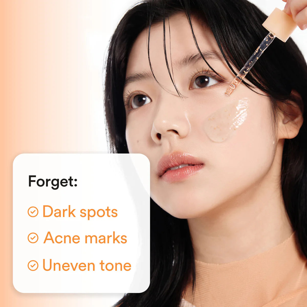 Woman applying skincare product with text about removing dark spots, acne marks, and uneven tone.