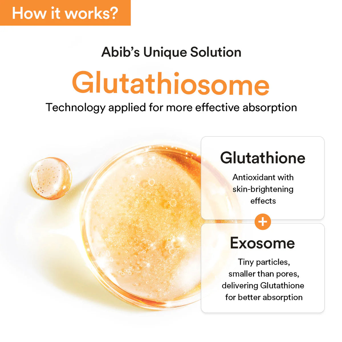 Advertisement for Abib's Glutathiosome solution with visual of glutathione and exosome particles.