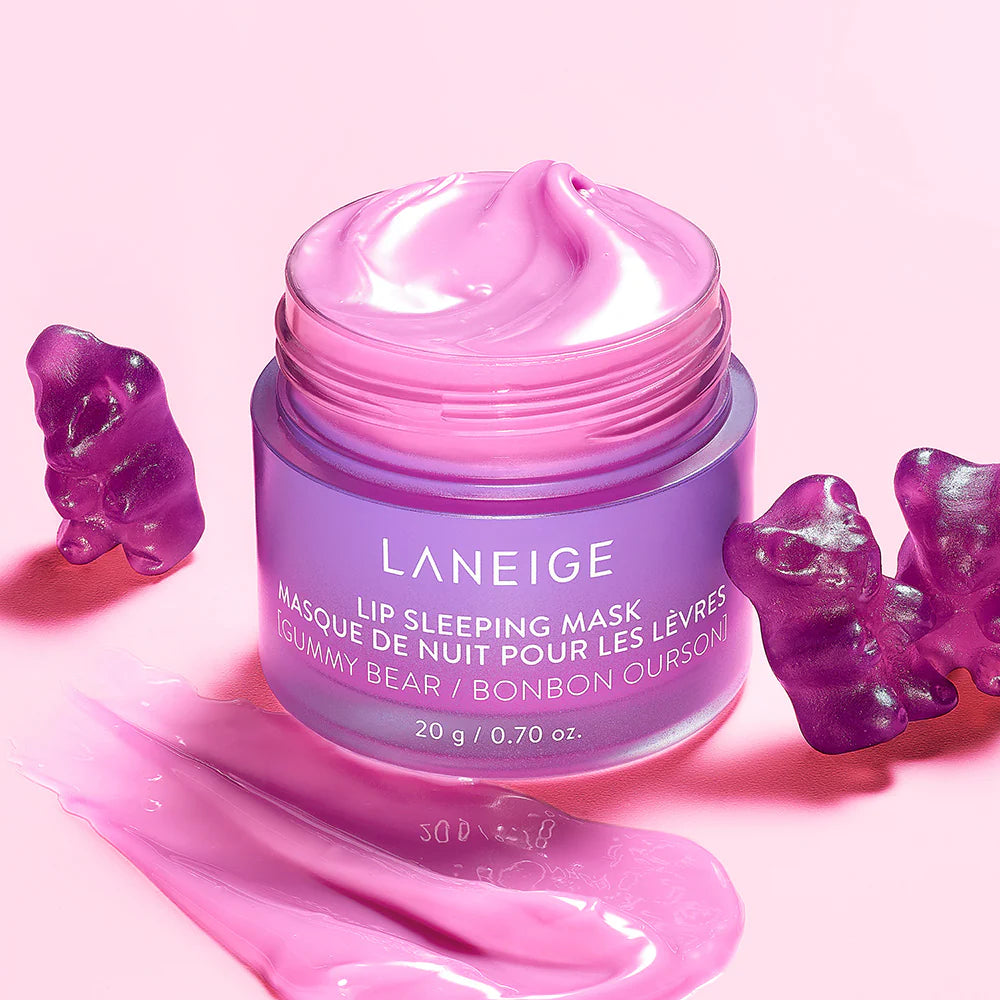 Laneige lip sleeping mask with pink gel on a pink background