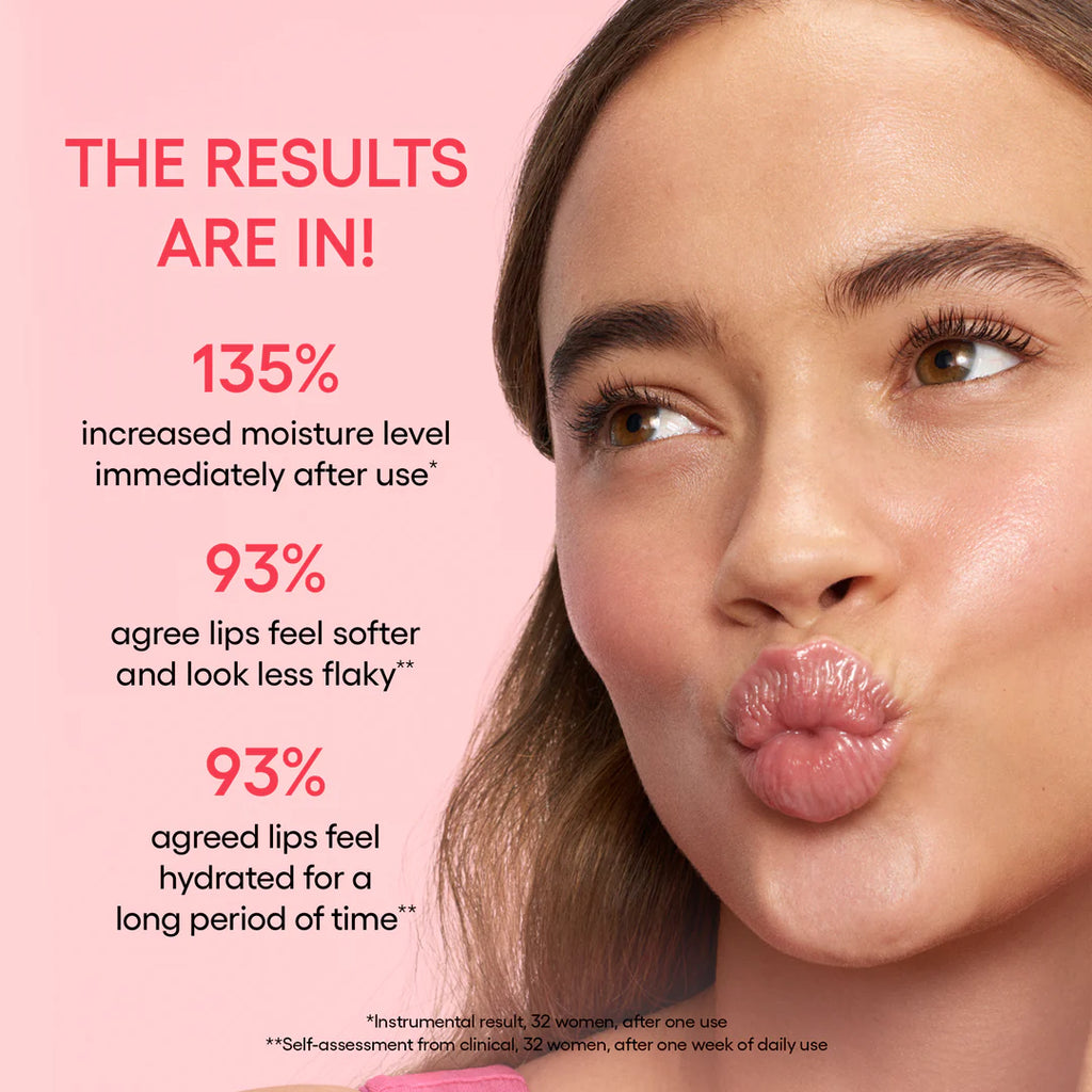 Advertisement showing a woman's lips with skincare product benefits on a pink background