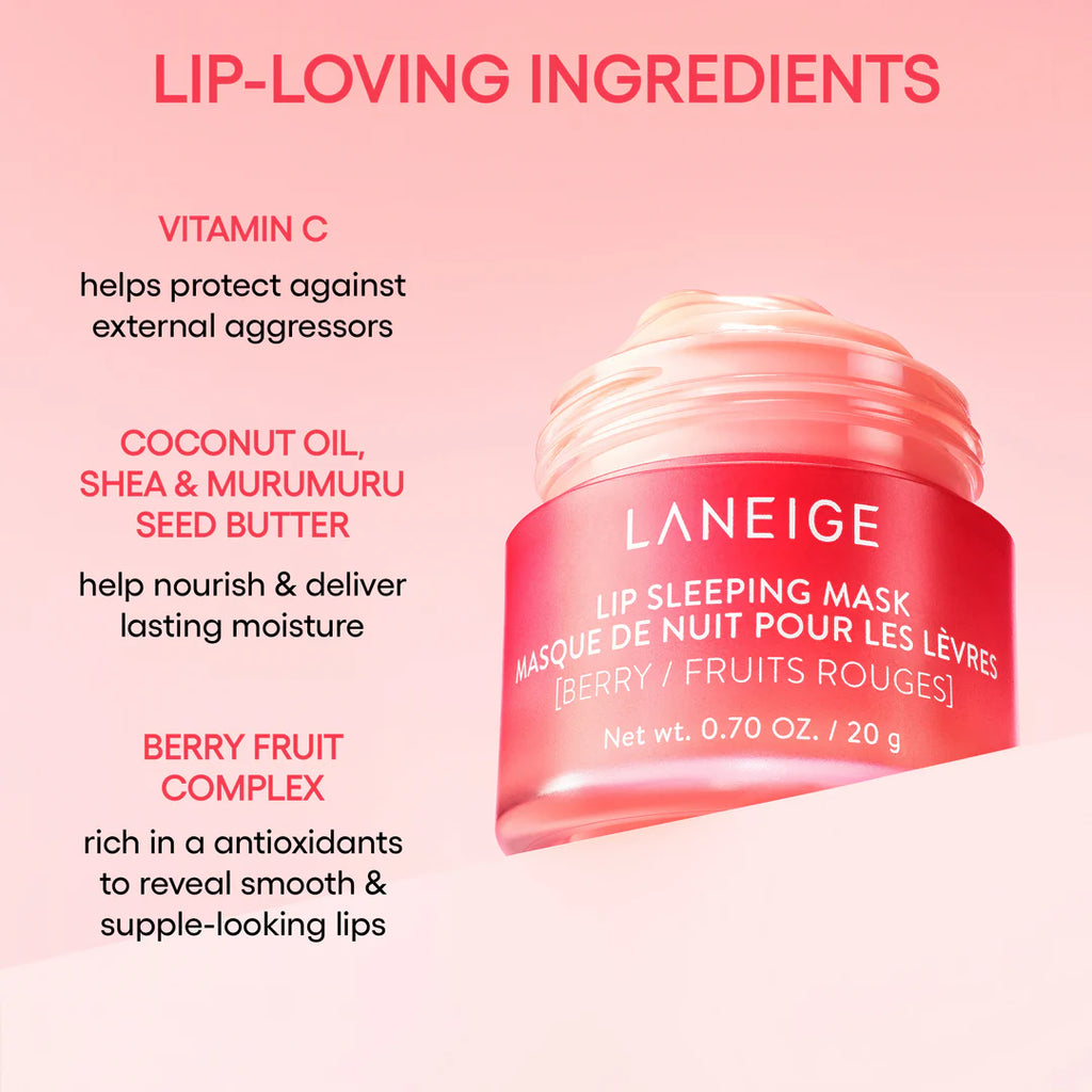Laneige lip sleeping mask with ingredients listed on a pink background