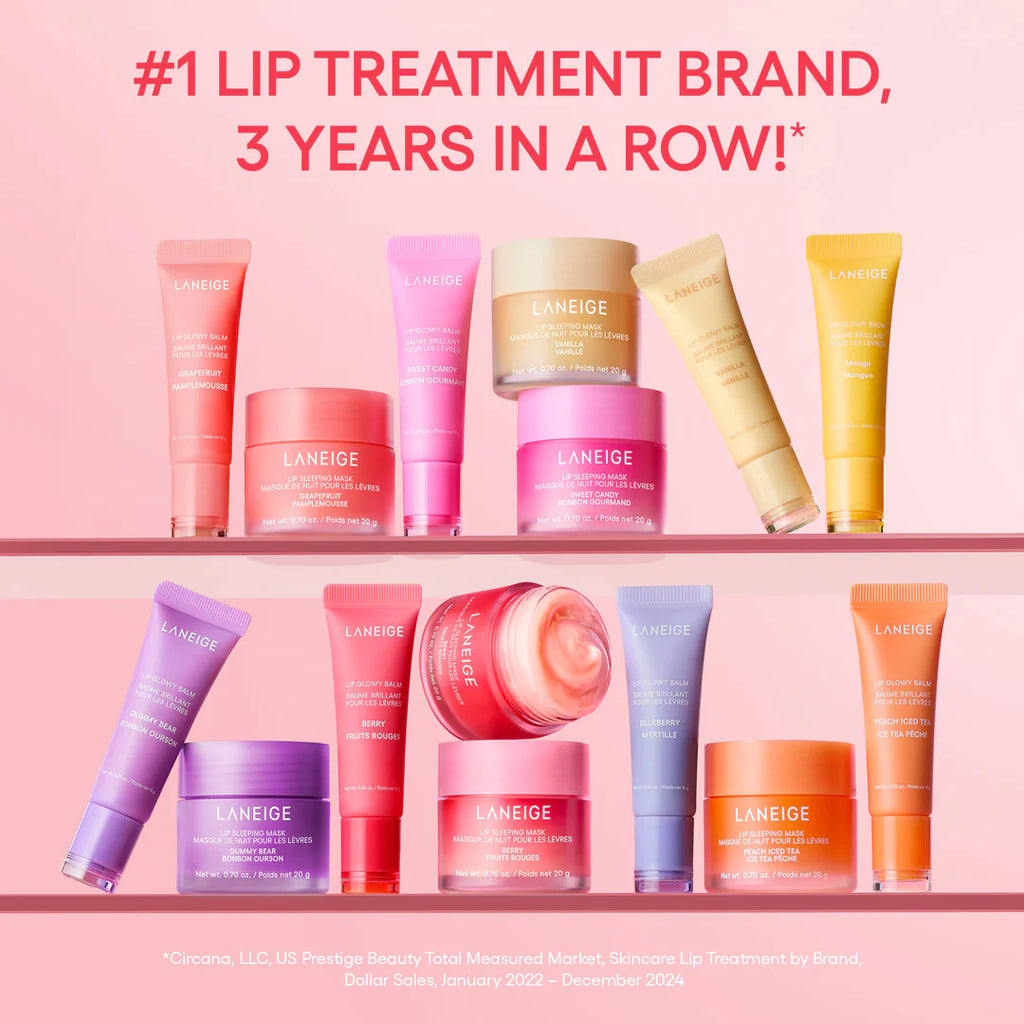 Laneige lip treatment products on a pink background with text claiming '#1 Lip Treatment Brand, 3 Years in a Row'.
