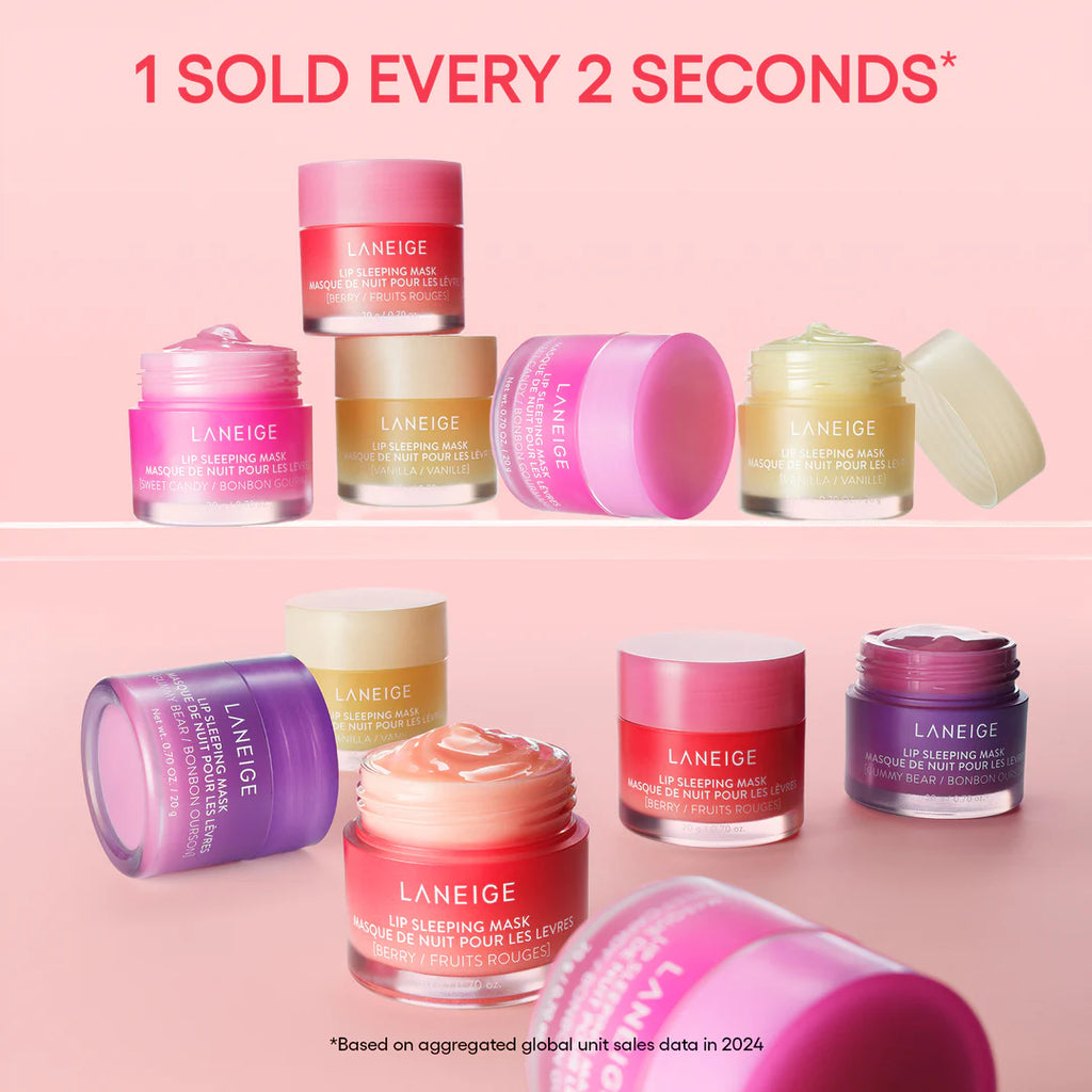 Laneige lip products on a pink background with text indicating sales frequency.