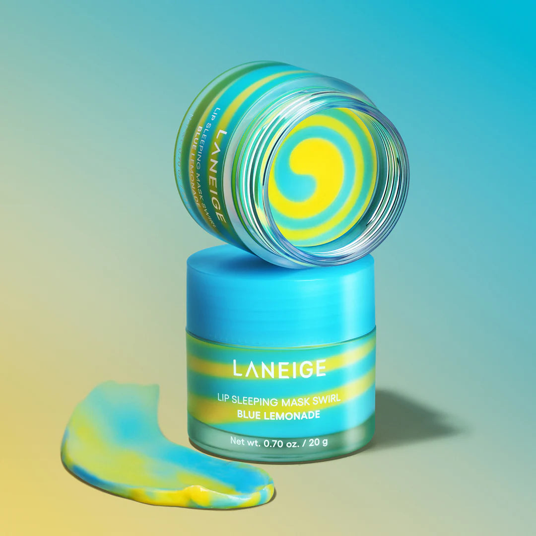 Laneige lip sleeping mask with blue and yellow swirl design on a gradient background