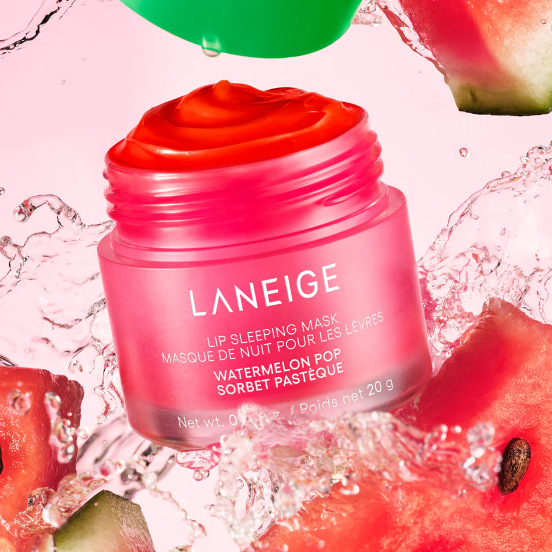 Laneige lip sleeping mask with watermelon slices and a green balloon on a pink background