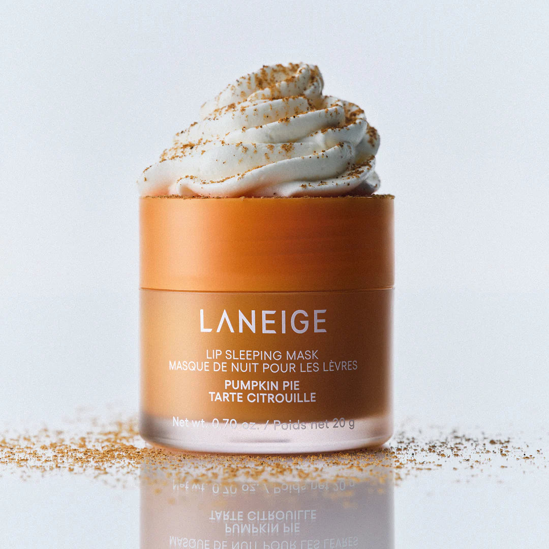 Laneige lip sleeping mask in pumpkin pie flavor with whipped cream on top against a light gray background