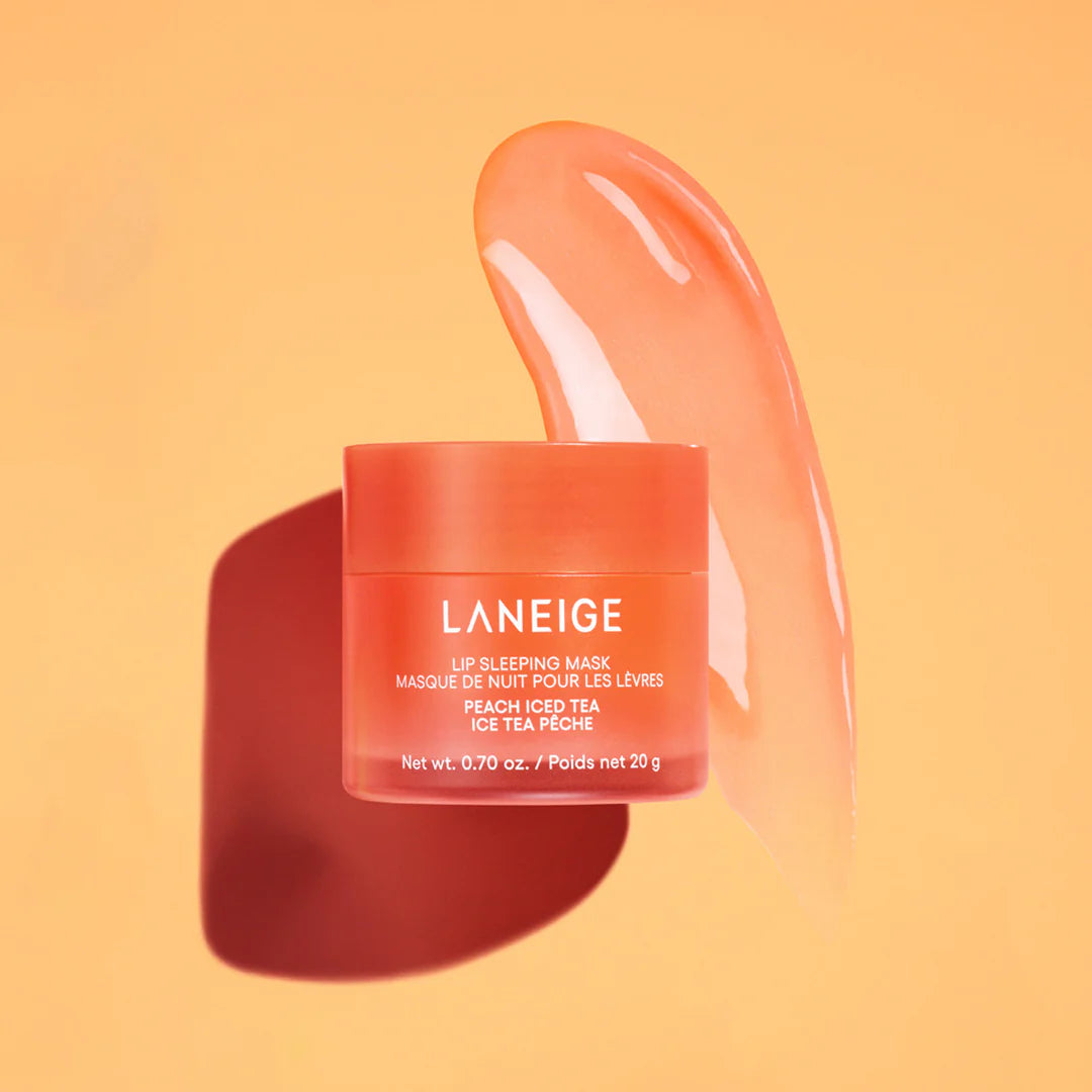 Laneige lip sleeping mask jar on a peach background