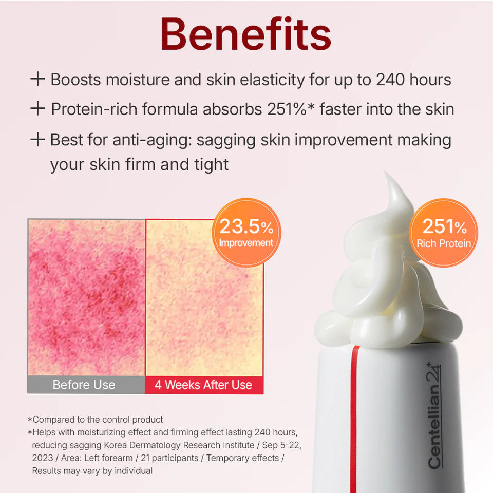 Cosmetic product with text highlighting benefits on a pink background