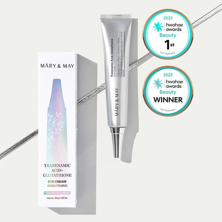 Mary & May eye cream with packaging and awards on a white background