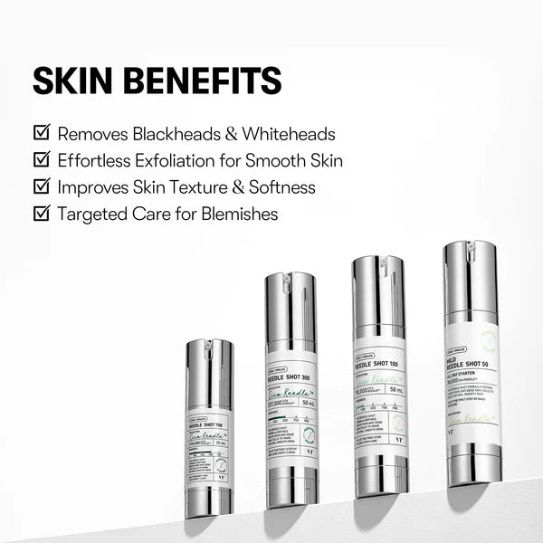 Skincare product bottles with skin benefits listed on a white background