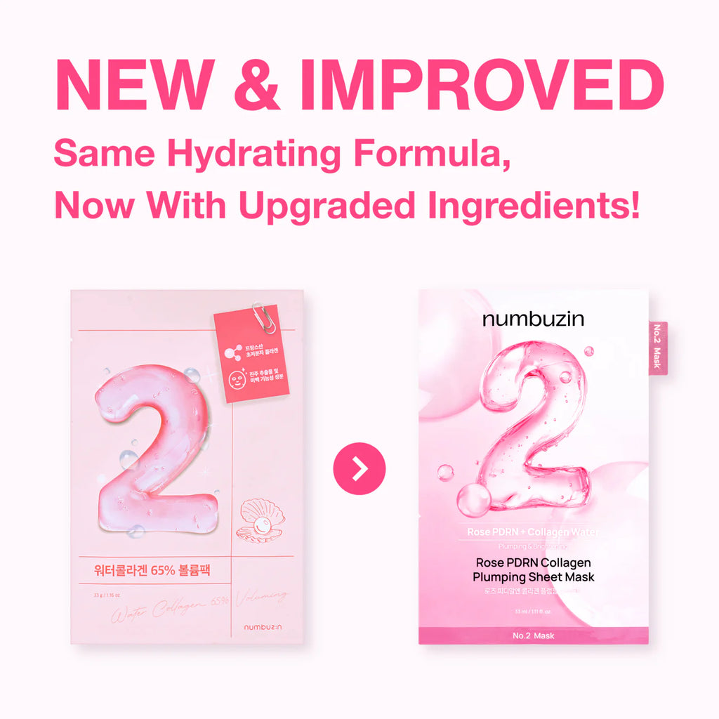 Numbuzin Rose PDRN Collagen Plumping Sheet Mask packaging with text about new and improved formula.