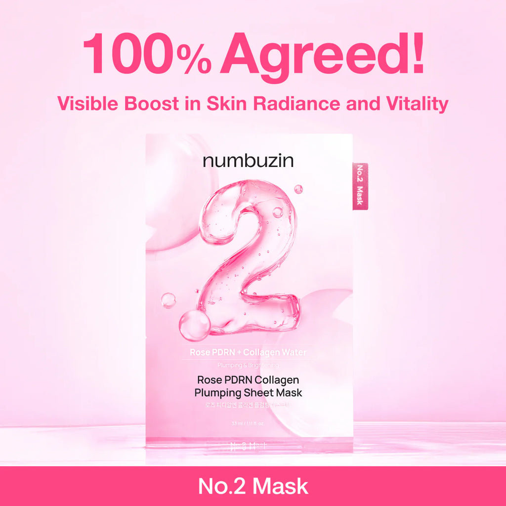 Numbuzin Rose PDRN Collagen Plumping Sheet Mask packaging with pink gradient background and text.