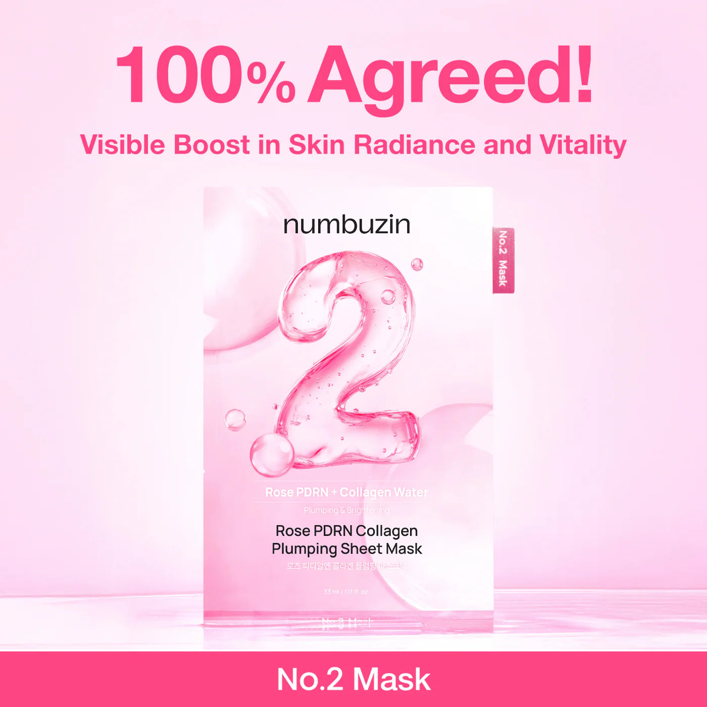 Numbuzin Rose PDRN Collagen Plumping Sheet Mask packaging with pink gradient background and text.