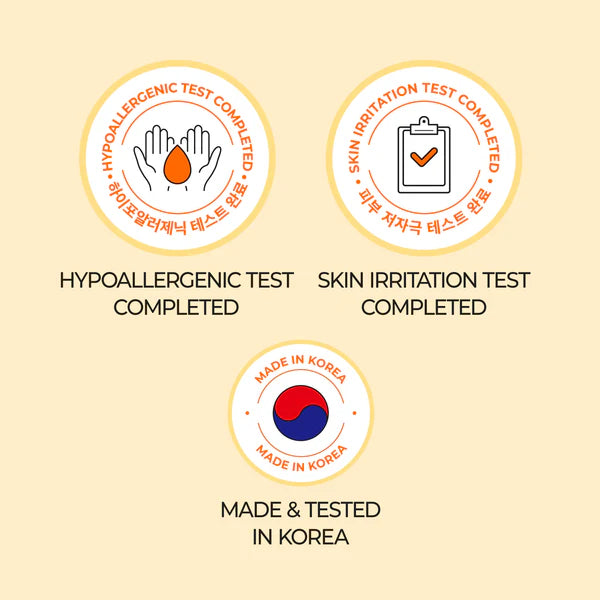 Three certification logos on a beige background indicating hypoallergenic test, skin irritation test, and 'Made in Korea'.