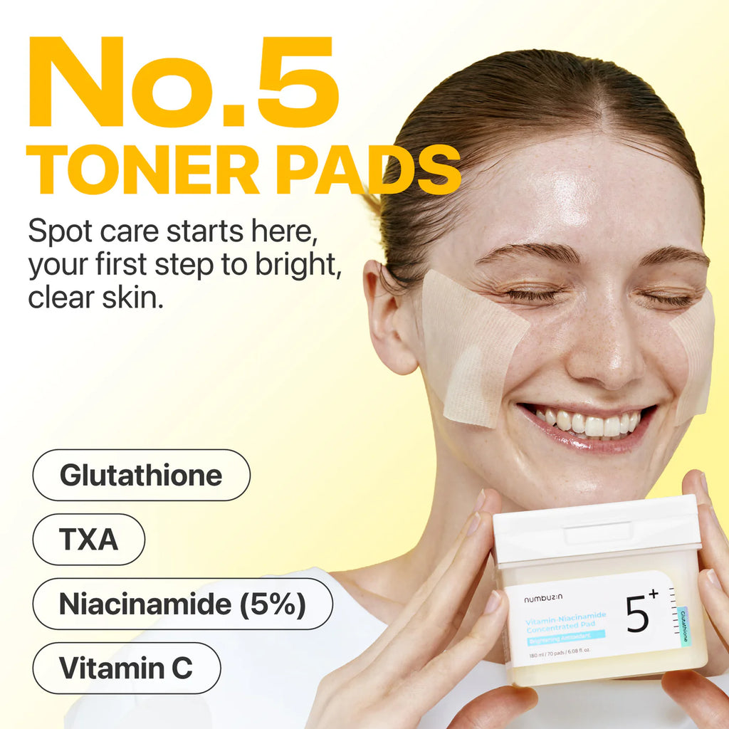 Woman holding No. 5 toner pads with text about spot care and skin brightening.