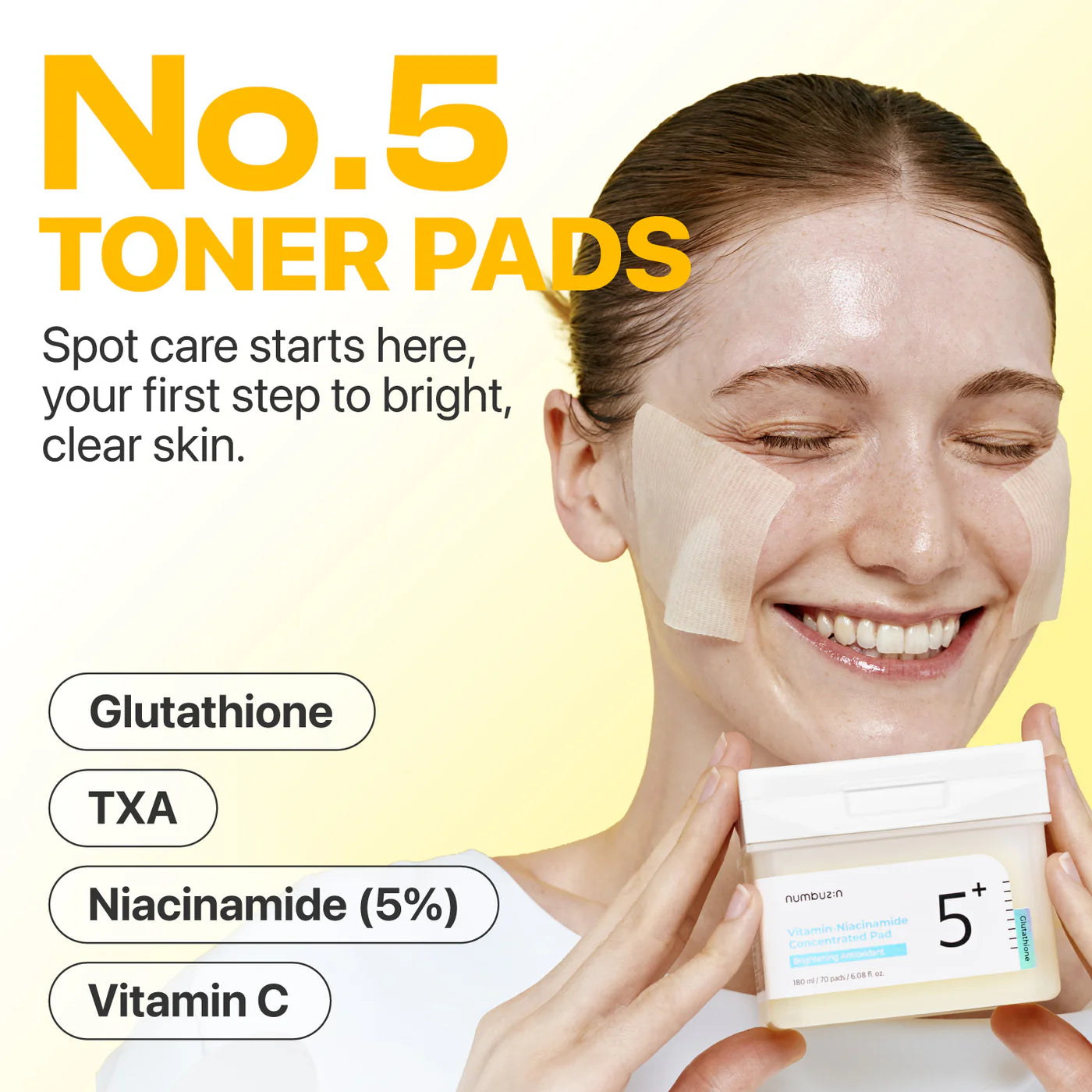 Woman holding No. 5 toner pads with text about spot care and skin brightening.