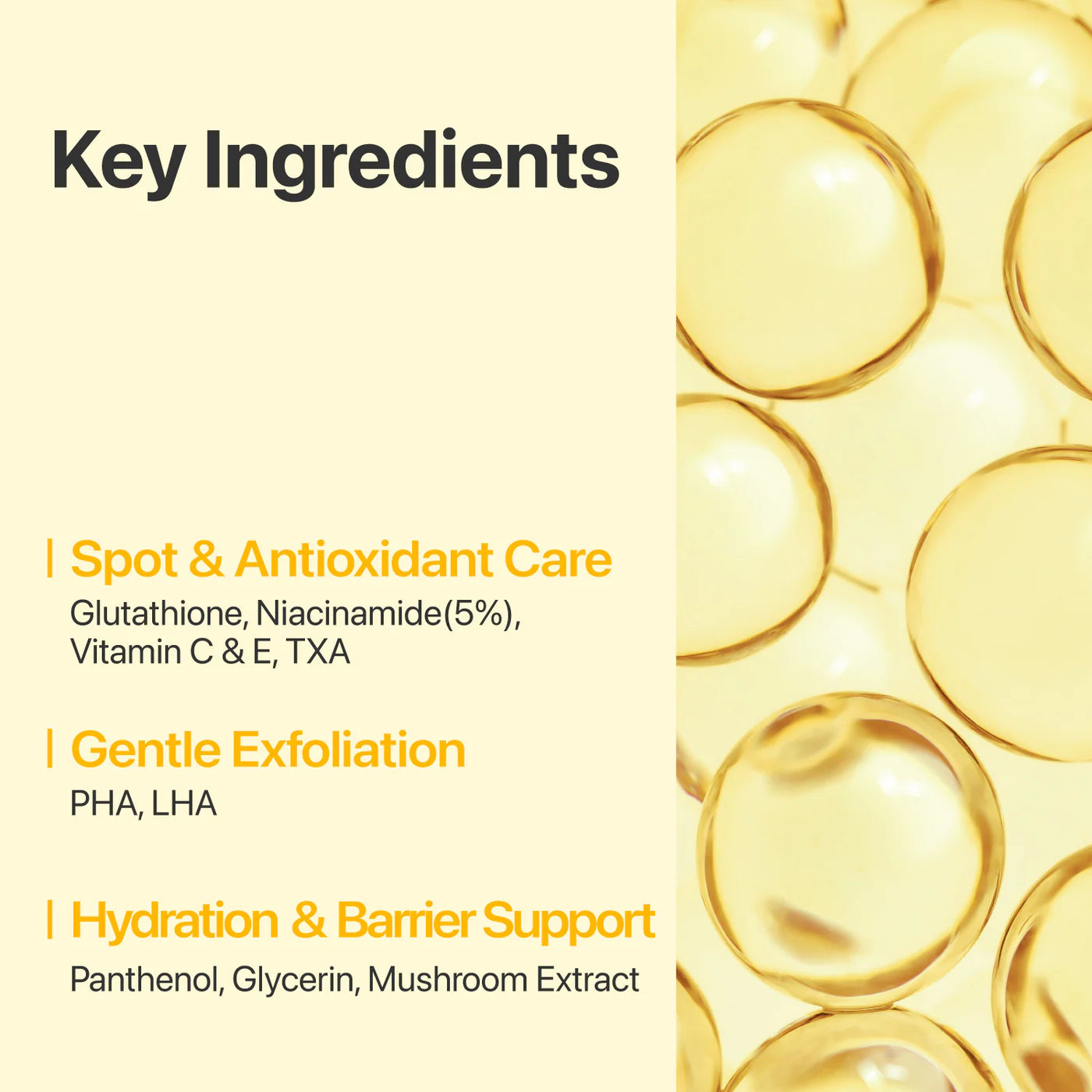 Key ingredients of a skincare product with oil droplets on a beige background