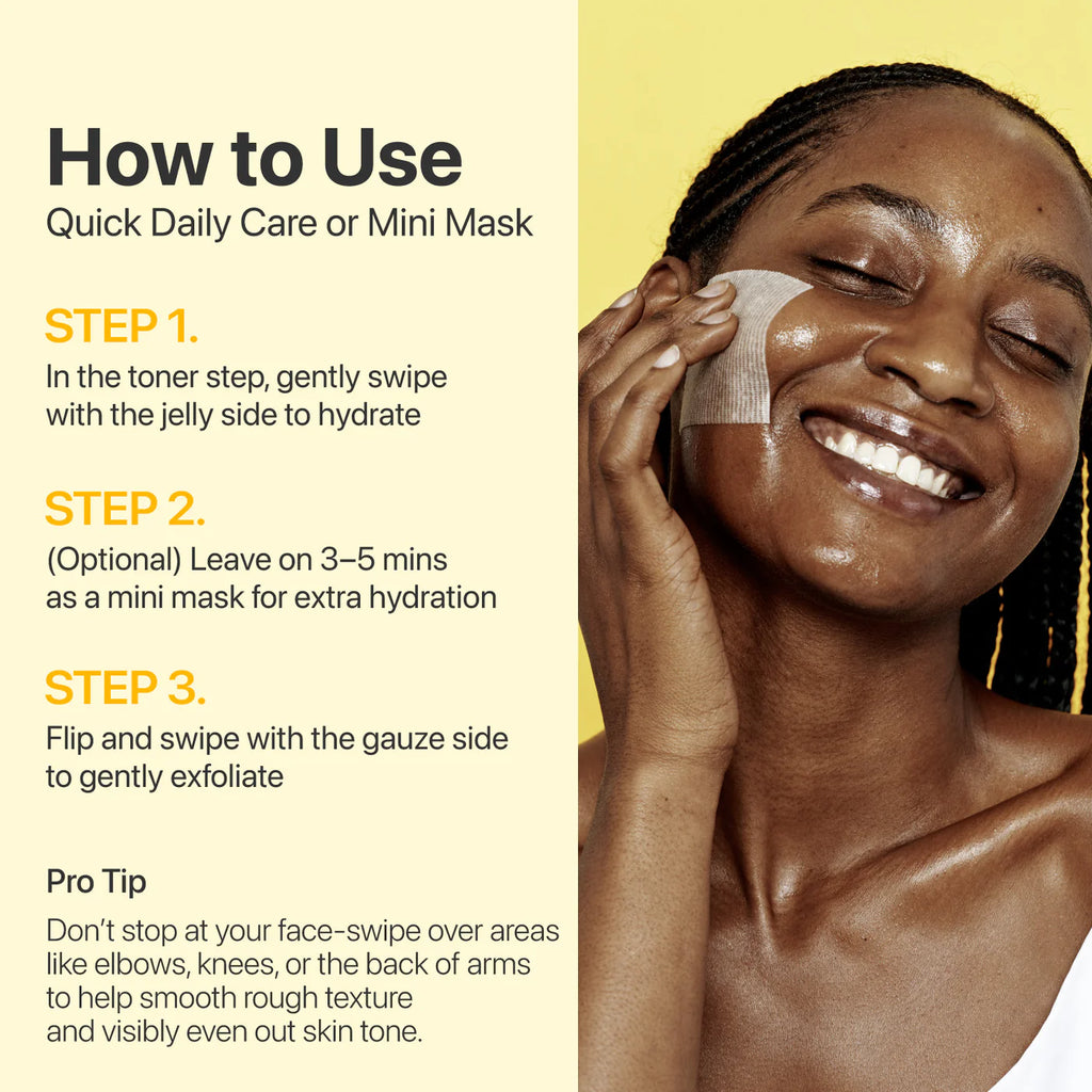 Woman applying a facial mask with text on how to use quick daily care or mini mask.