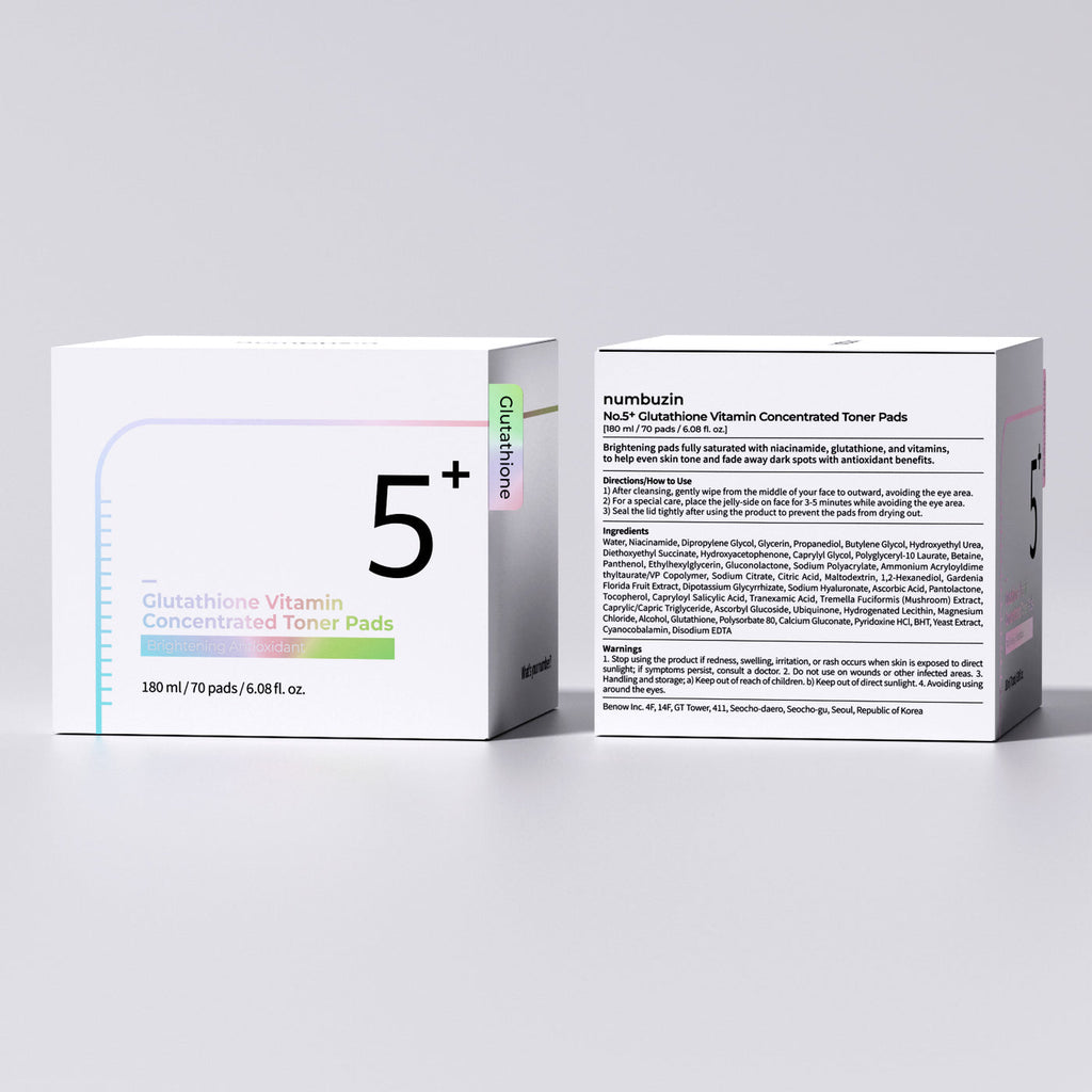 Box of Numbuzin 5+ Glutathione Vitamin Concentrated Toner Pads on a white background
